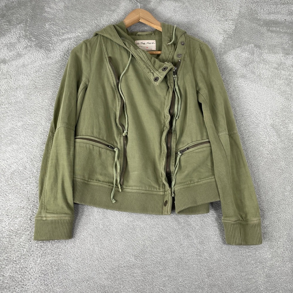 We The Free Utility Jacket Womens XS Green Asymmetrical Hooded Moto Boho